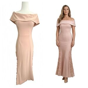 Betsy & Adam Bardot Off Shoulder Mermaid Gown 4 Blush Pink Lace Formal Dress
